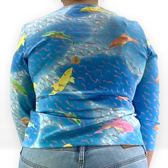 00s LEGGIADRO Vintage Blue Dolphin Ocean Print Quartered Sleeve Shirt - Picture 2 of 7